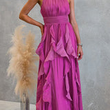 Vestido maxi con escote halter y volantes de caída fluida