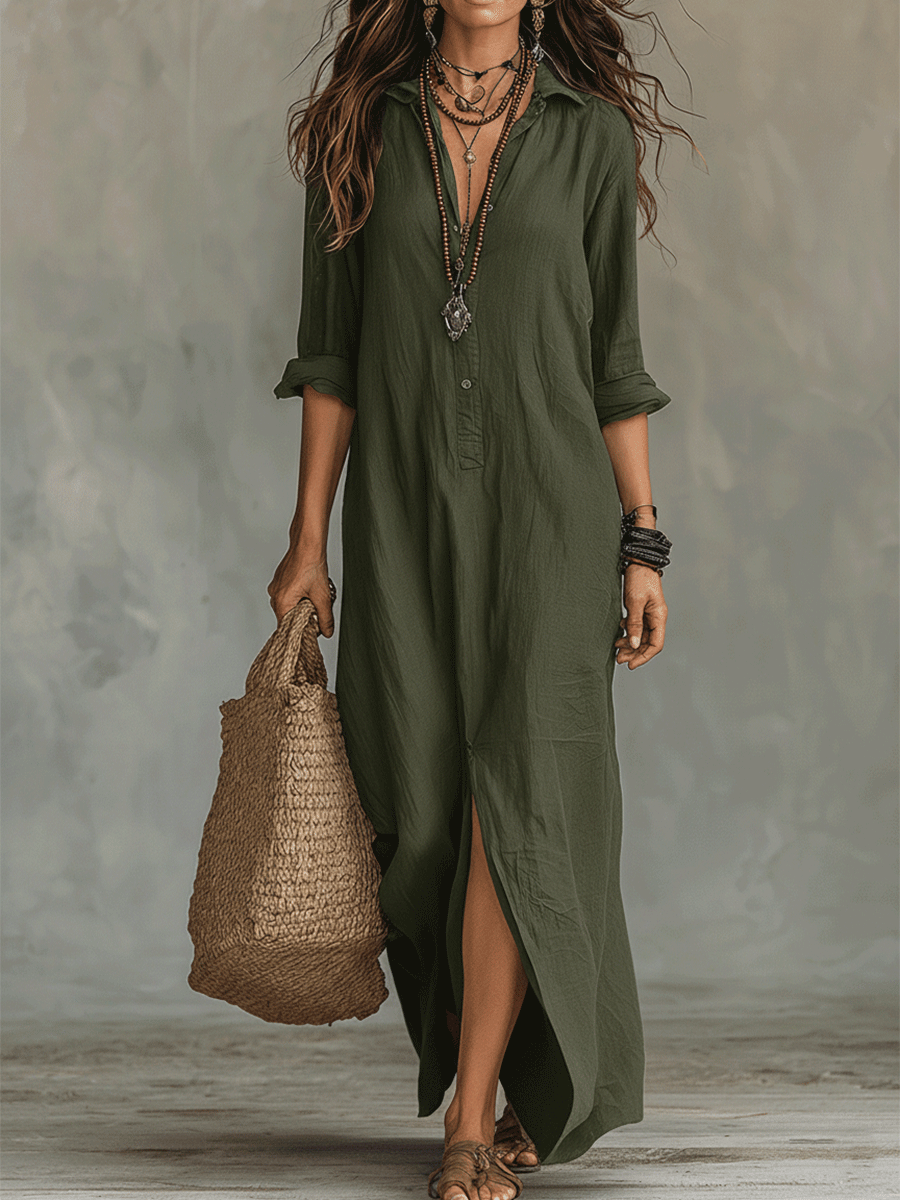 Vestido maxi bohemio negro con botones en la parte delantera