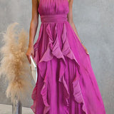Vestido maxi de cuello halter con cintura entallada y volantes