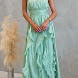 Vestido maxi de cuello halter con cintura entallada y volantes